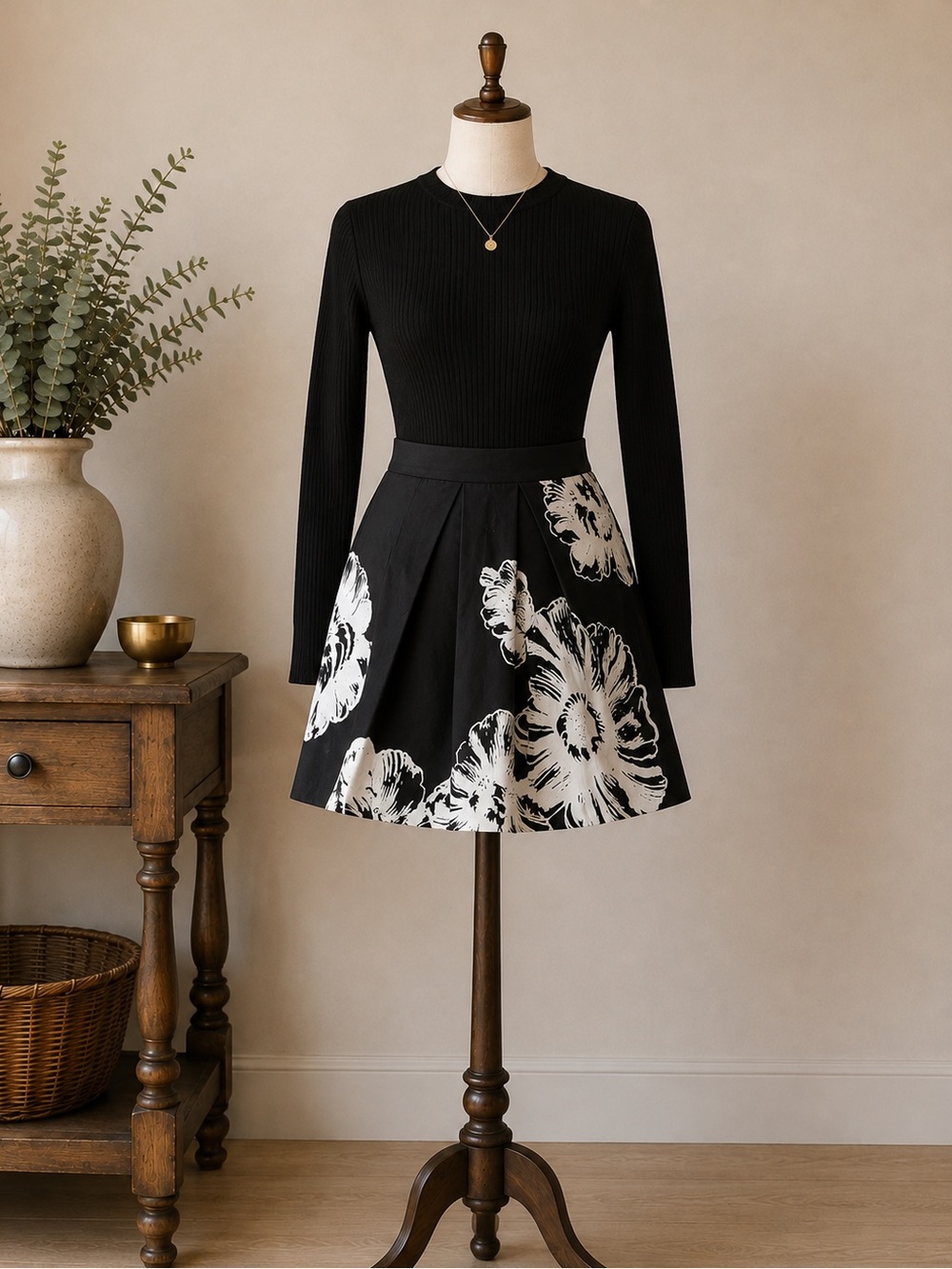 Le Chateau Black White Floral A-Line Skirt Made in Canada Cotton Size 7/8